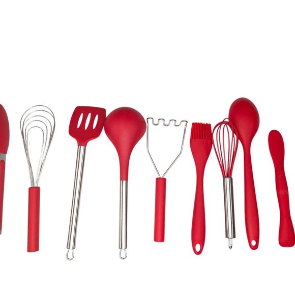 Kitchen Tool LOT OF 9 Red Silicon Tongs Wisk Ladle Spoon Brush Potato Masher - Picture 2 of 10
